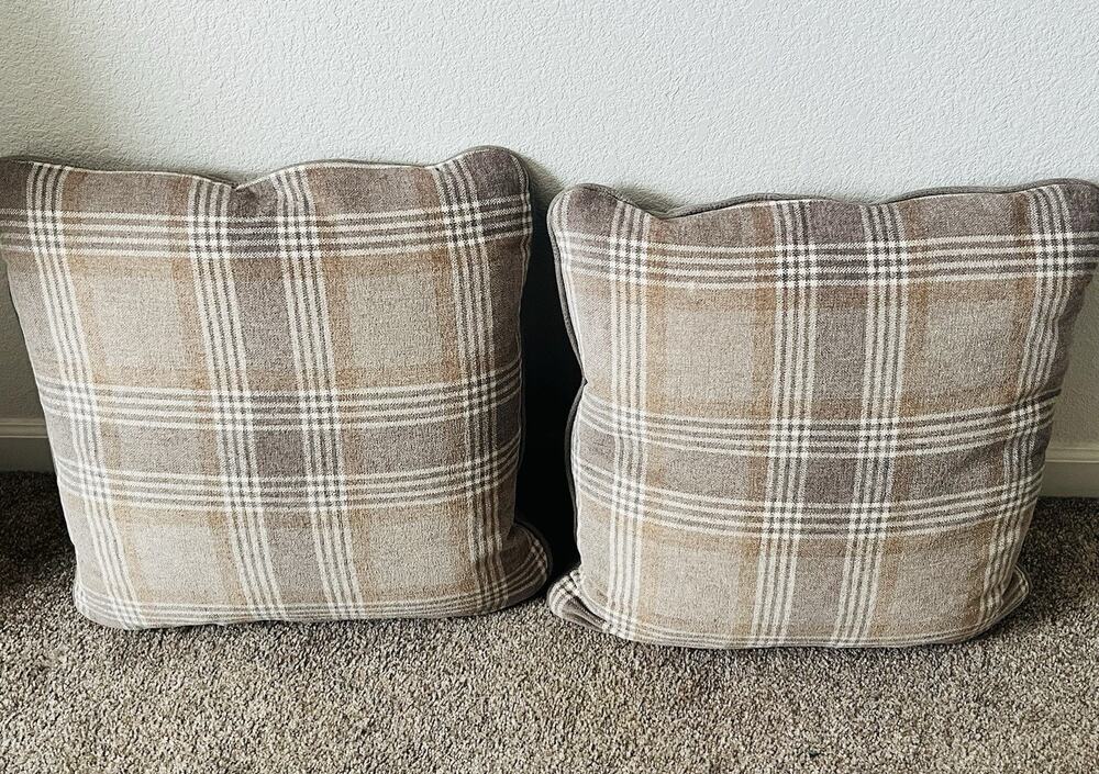 Set 2 Plaid 100% Waterfowl Feather Pillows Beige Tan Gray Grey Checkered Suede